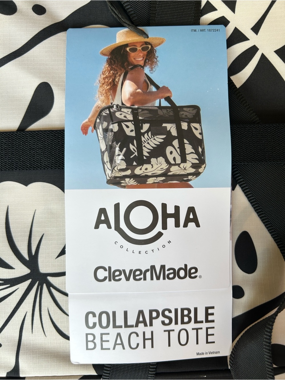 Aloha CleverMade Collapsible Beach Tote - Black & White Tropical Print - Picture 2 of 8